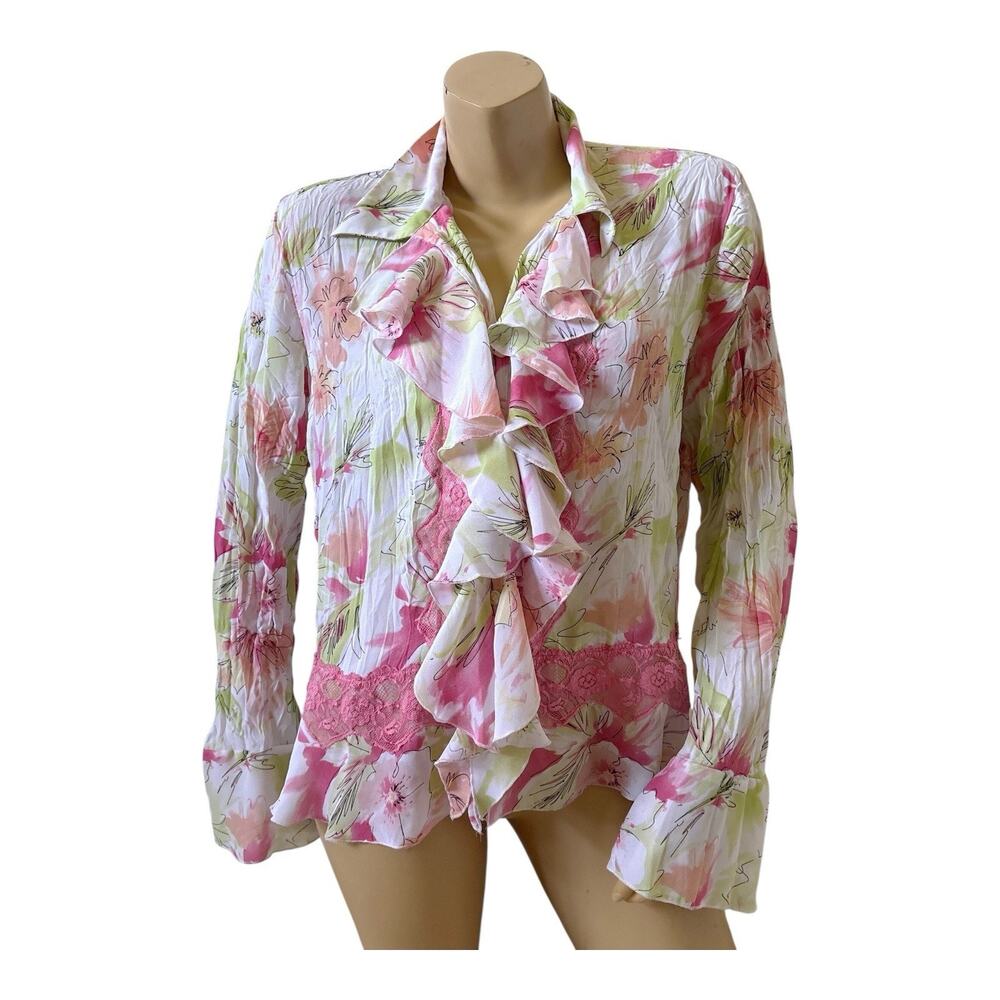 Sunny Leigh Crinkle Blouse Womens XL Floral Ruffle Lace Trim Button Up Collared